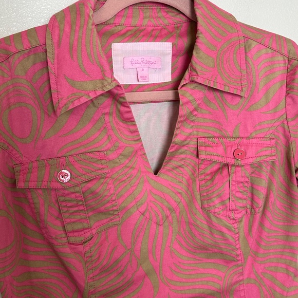 Lilly Pulitzer Shirt Dress Size 0 Pink Khaki V Neck Roll Tab Sleeves Palm Beachy - Picture 4 of 8